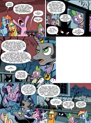 Size: 1398x1902 | Tagged: safe, derpibooru import, idw, applejack, fluttershy, king sombra, pinkie pie, rainbow dash, rarity, spike, twilight sparkle, twilight sparkle (alicorn), alicorn, pony, spoiler:comic, spoiler:comic19, evil luna, eyes closed, female, flying, frown, good king sombra, gritted teeth, laughing, looking up, mare, open mouth, raised eyebrow, shadow, shivering, smiling, spread wings, wide eyes