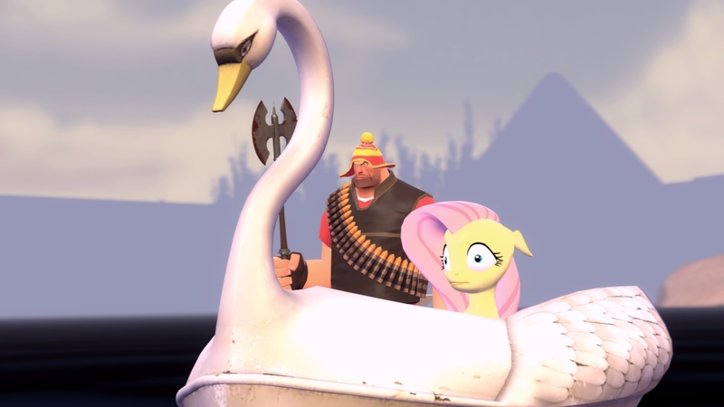 Size: 1366x768 | Tagged: 3d, angry, artist:fezwearingdoctor, axe, boat, derpibooru import, fluttershy, gmod, heavy, lake, safe, scared, swan boat, team fortress 2, waifu