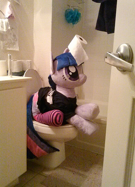 Size: 924x1280 | Tagged: artist:mylittlewaifu, but why, clothes, derpibooru import, irl, life size, photo, plushie, potty, potty time, safe, socks, striped socks, toilet, toilet paper, toilet sparkle, twilight sparkle, wat