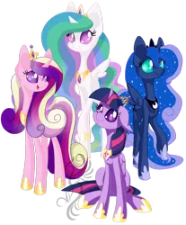 Size: 1024x1234 | Tagged: dead source, safe, artist:arcadianphoenix, derpibooru import, princess cadance, princess celestia, princess luna, twilight sparkle, twilight sparkle (alicorn), alicorn, pony, alicorn tetrarchy, chibi, female, mare, simple background