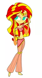 Size: 588x1087 | Tagged: safe, artist:annasabi101, derpibooru import, sunset shimmer, genie, equestria girls, barefoot, bedroom eyes, belly button, belly dancer, belly dancer outfit, bracelet, ear piercing, earring, eyelashes, eyeshadow, feet, geniefied, hand on hip, harem outfit, hooped earrings, humanized, jewelry, looking at you, makeup, midriff, piercing, simple background, solo, tiara, white background