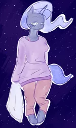 Size: 600x1000 | Tagged: anthro, artist:pashoo, clothes, derpibooru import, pajamas, pillow, princess luna, safe, sleepy, solo, space, unguligrade anthro, wide hips