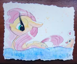 Size: 958x800 | Tagged: safe, artist:prettypinkpony, derpibooru import, fluttershy, duckling, heart, looking back, solo, traditional art, water