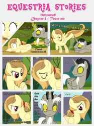 Size: 1800x2409 | Tagged: safe, artist:estories, derpibooru import, discord, oc, oc:alice goldenfeather, comic:find yourself, comic, image, png, pony discord, tail, tail pull