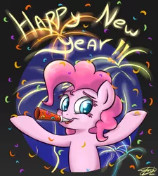 Size: 900x1000 | Tagged: dead source, safe, artist:zortail, derpibooru import, pinkie pie, colored eyelashes, confetti, happy new year, holiday, new year, party horn, signature, solo