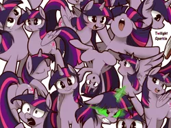 Size: 1024x768 | Tagged: safe, artist:umeguru, derpibooru import, twilight sparkle, twilight sparkle (alicorn), alicorn, pony, blushing, book, dark magic, dock, eyes closed, female, glowing eyes, looking at you, magic, mare, multeity, open mouth, plot, purple smart, reading, self ponidox, sombra eyes, tongue out