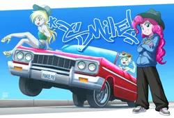 Size: 1132x770 | Tagged: safe, artist:uotapo, derpibooru import, derpy hooves, lyra heartstrings, pinkie pie, equestria girls, bracelet, car, chevrolet, chevrolet impala, clothes, female, glasses, grin, hat, high heels, legs, looking at you, lowrider, midriff, open mouth, rapper pie, shoes, shorts, sky, smiling, stupid sexy derpy, sunglasses, tubetop