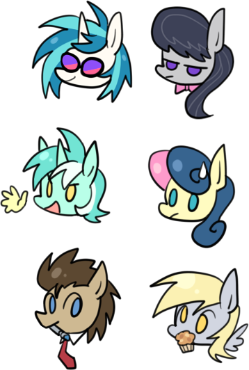 Size: 358x532 | Tagged: safe, artist:megarexetera, derpibooru import, bon bon, derpy hooves, doctor whooves, lyra heartstrings, octavia melody, sweetie drops, time turner, vinyl scratch, pegasus, pony, background six, chibi, female, hand, mare, muffin, simple background, sonic screwdriver, sweatdrop, transparent background, unamused