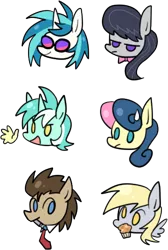 Size: 358x532 | Tagged: safe, artist:megarexetera, derpibooru import, bon bon, derpy hooves, doctor whooves, lyra heartstrings, octavia melody, sweetie drops, time turner, vinyl scratch, pegasus, pony, background six, chibi, female, hand, mare, muffin, simple background, sonic screwdriver, sweatdrop, transparent background, unamused