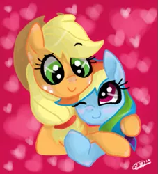 Size: 455x501 | Tagged: safe, artist:thepurplecranberry, derpibooru import, applejack, rainbow dash, appledash, female, heart, hug, lesbian, shipping