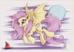 Size: 1500x1054 | Tagged: safe, artist:kattvalk, derpibooru import, fluttershy, apple, flutterbat, marker drawing, moon, solo, spread wings, tongue out, traditional art, watermark