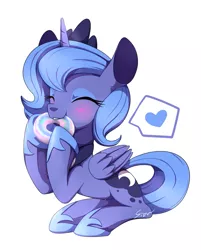 Size: 1081x1342 | Tagged: artist:sion, cute, derpibooru import, donut, eating, filly, heart, lunabetes, princess luna, s1 luna, safe, simple background, solo, teeth, woona