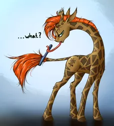 Size: 906x1000 | Tagged: safe, artist:madhotaru, derpibooru import, oc, oc:twiggy, unofficial characters only, giraffe, comb, prehensile tongue, solo, tongue hold, tongue out