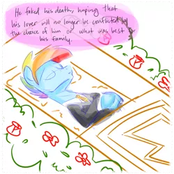 Size: 700x700 | Tagged: safe, derpibooru import, rainbow dash, pegasus, pony, appleblitz (gay), appleblitz - fable, appledash, applejack (male), clothes, coffin, doodle, fake death, implied appleblitz (gay), implied applejack (male), implied gay, male, playing dead, rainbow blitz, rule 63, shipping, solo, suit