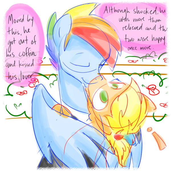 Size: 700x700 | Tagged: safe, derpibooru import, applejack, rainbow dash, appleblitz (gay), appleblitz - fable, appledash, applejack (male), doodle, fake death, gay, kissing, male, playing dead, rainbow blitz, rule 63, shipping, surprise kiss, surprised