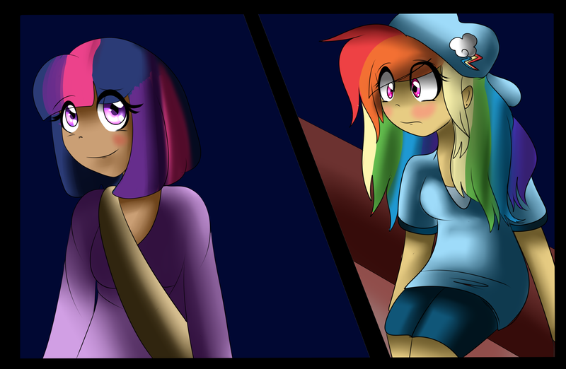 Size: 2300x1500 | Tagged: safe, artist:sunniedoodles, derpibooru import, rainbow dash, twilight sparkle, human, blushing, dark skin, female, humanized, lesbian, shipping, twidash