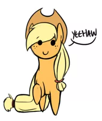 Size: 878x1042 | Tagged: safe, artist:sexytalkischeap, derpibooru import, applejack, looking at you, raised hoof, simple background, solo, speech bubble