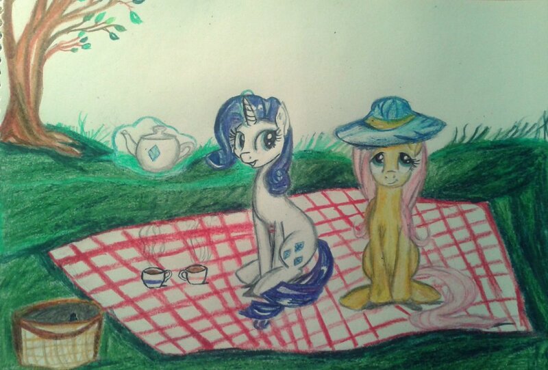 Size: 1024x692 | Tagged: artist:gpgo-sparkling-panda, derpibooru import, fluttershy, magic, picnic, rarity, safe, tea, telekinesis, traditional art