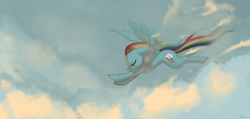 Size: 2000x949 | Tagged: artist:moo, cloud, cloudy, derpibooru import, eyes closed, flying, rainbow dash, safe, sky, solo, spread wings