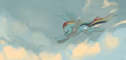 Size: 2000x949 | Tagged: artist:moo, cloud, cloudy, derpibooru import, eyes closed, flying, rainbow dash, safe, sky, solo, spread wings