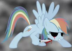 Size: 1600x1143 | Tagged: artist:tripp_hammer, blood, creepy, derpibooru import, grimdark, implied violence, knife, rainbow dash, solo