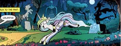 Size: 895x342 | Tagged: safe, artist:andypriceart, derpibooru import, idw, discord, princess celestia, pony, spoiler:comic, spoiler:comic19, bucking, happy, horses doing horse things, open mouth, panel, running, sillestia, silly, silly pony, smiling, solo, tongue out, wide eyes