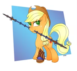 Size: 900x825 | Tagged: applejack, artist:1rumi1, crossover, derpibooru import, gauntlet, jacques blanc, mouth hold, onimusha, safe, solo, spear, weapon