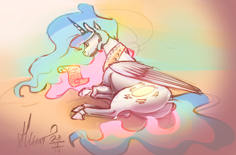 Size: 2420x1598 | Tagged: 30 minute art challenge, artist:alumx, derpibooru import, letter, plot, princess celestia, prone, reading, safe, solo