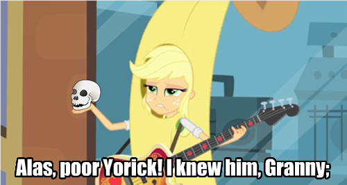 Size: 500x266 | Tagged: safe, derpibooru import, edit, screencap, applejack, a case for the bass, equestria girls, rainbow rocks, alas poor yorick, bananajack, hamlet, image macro, meme, shakespeare, skull, solo, yorick