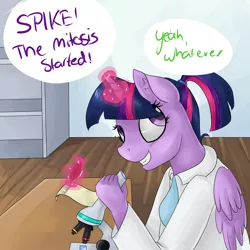 Size: 4000x4000 | Tagged: alternate hairstyle, anthro, artist:lisa400, clothes, derpibooru import, lab coat, magic, microscope, parchment, ponytail, quill, safe, science, scientist, solo, twilight sparkle, twilight sparkle (alicorn)