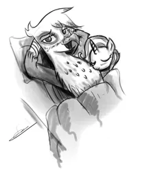 Size: 1179x1398 | Tagged: suggestive, artist:styber, derpibooru import, gilda, trixie, gryphon, pony, unicorn, bed, blushing, female, glixie, grayscale, image, jpeg, lesbian, monochrome, sleeping