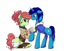 Size: 900x719 | Tagged: safe, artist:meowbox3, derpibooru import, oc, oc:light shine, oc:spring, unofficial characters only, pony, unicorn, adoptable, clothes, commission, female, friends, hoodie, jacket, male, mare, stallion, steampunk