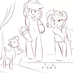 Size: 500x500 | Tagged: safe, artist:goat train, deleted from derpibooru, derpibooru import, applejack, rarity, oc, oc:goatmod, goat, pony, giant pony, hat, macro, monochrome, salespony, sketch, smiling, stage, underhoof, waving