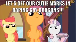 Size: 852x471 | Tagged: apple bloom, bedroom eyes, cutie mark crusaders, derpibooru import, dragon, edit, edited screencap, hub logo, image macro, implied foalcon, implied rape, just for sidekicks, meme, rape joke, scootaloo, screencap, smiling, smirk, suggestive, sweetie belle, text, the hub