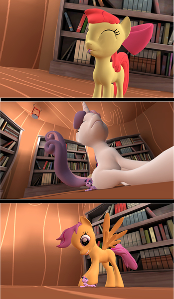 Size: 1369x2352 | Tagged: safe, artist:iamyou, derpibooru import, apple bloom, scootaloo, sweetie belle, twilight sparkle, twilight sparkle (alicorn), alicorn, pegasus, pony, unicorn, 3d, comic, cutie mark crusaders, female, fetish, gmod, mare, micro, predbloom, preylight, sitting, vore