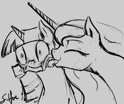 Size: 1280x1074 | Tagged: safe, artist:silfoe, derpibooru import, princess luna, twilight sparkle, alicorn, pony, lunadoodle, blushing, eyes closed, female, grayscale, lesbian, licking, mare, monochrome, shipping, sketch, tongue out, twiluna