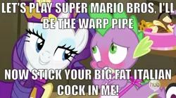 Size: 631x351 | Tagged: suggestive, derpibooru import, edit, edited screencap, screencap, rarity, spike, dragon, pony, unicorn, dragon quest, apron, blushing, caption, clothes, dress, female, game reference, hub logo, image macro, implied sex, innuendo, male, mare, meme, naked apron, rarity's bad pickup lines, shipping, sparity, straight, subtle as a train wreck, super mario bros., the hub