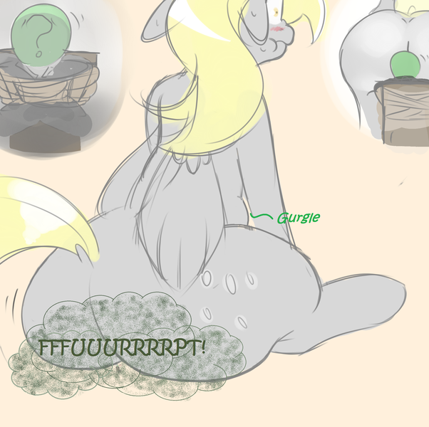 Size: 2200x2191 | Tagged: artist needed, questionable, deleted from derpibooru, derpibooru import, edit, derpy hooves, oc, oc:anon, pegasus, pony, bloated, chair, embarrassed, fart, fart noise, gassy, giant derpy hooves, giant pegasus, giant pony, gurgling, impossibly large butt, inflation, macro, plot, rope, scrunchy face, sitting, smelly, stomach noise, the ass was fat, tied up, tiny