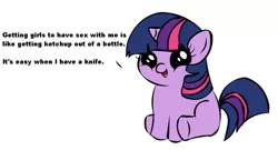 Size: 999x540 | Tagged: semi-grimdark, suggestive, derpibooru import, twilight sparkle, pony, unicorn, exploitable meme, filly, filly twilight sparkle, filly twilight telling an offensive joke, implied rape, joke, meme, obligatory pony, solo, vulgar