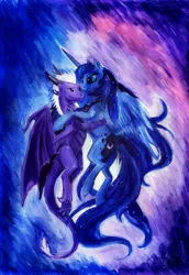 Size: 4752x6920 | Tagged: safe, artist:dalagar, derpibooru import, princess luna, oc, dragon, absurd resolution, traditional art