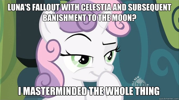 Size: 625x352 | Tagged: devious sweetie belle meme, evil grin, exploitable meme, hub logo, image macro, meme, princess celestia, princess luna, safe, solo, sweetie belle, what a twist