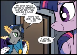 Size: 604x436 | Tagged: safe, derpibooru import, idw, king sombra, twilight sparkle, twilight sparkle (alicorn), alicorn, pony, spoiler:comic, spoiler:comic19, armor, cape, clothes, female, good king sombra, looking back, magic, mare, reflections drama, smiling, telekinesis