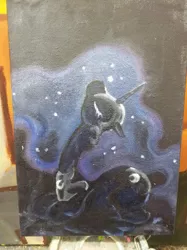 Size: 400x534 | Tagged: artist:garaganzya, derpibooru import, eyes closed, lonely, moon, nightmare moon, oil painting, prone, sad, safe, solo, traditional art