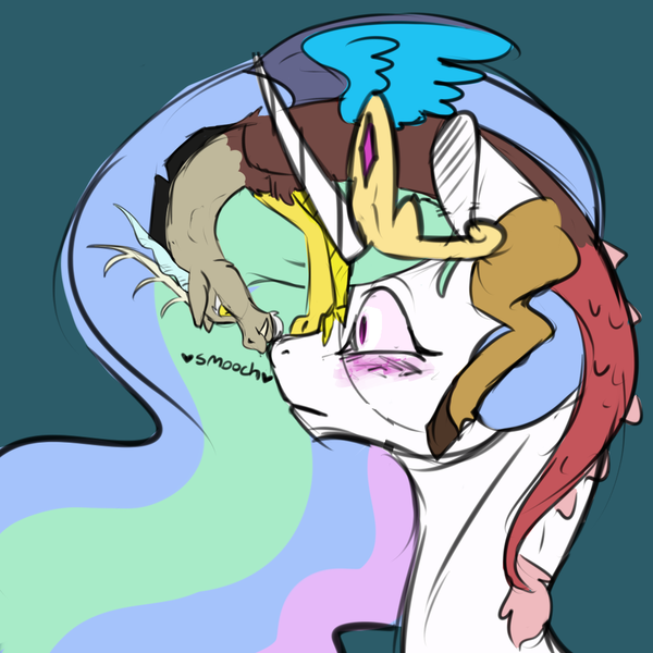 Size: 1000x1000 | Tagged: safe, artist:hawkwhisker, derpibooru import, discord, princess celestia, blushing, boop, dislestia, female, frown, heart, kissing, male, micro, nose kiss, noseboop, pony hat, shipping, smiling, straight, wide eyes