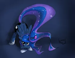 Size: 1400x1089 | Tagged: artist:lunatac, blushing, condom, cute, dock, face down ass up, female, floppy ears, horn guard, horn impalement, looking at you, princess luna, protection, solo, solo female, suggestive
