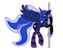 Size: 1500x1200 | Tagged: artist:silverromance, bedroom eyes, bipedal leaning, clothes, corset, derpibooru import, female, fishnets, impossibly large ears, leaning, looking at you, mascara, pole, pole dancing, princess luna, raised leg, simple background, smiling, socks, solo, solo female, spread wings, striped socks, stripper pole, suggestive, transparent background, vector, wingboner