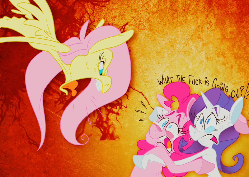 Size: 900x640 | Tagged: safe, artist:frostadflakes, derpibooru import, fluttershy, pinkie pie, rarity, angry, crying, eye twitch, flying, lol, open mouth, sad, spread wings, tongue out, vulgar, wide eyes, yelling