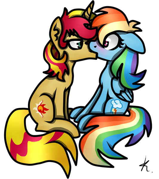 Size: 1600x1800 | Tagged: safe, artist:kikirdcz, derpibooru import, rainbow dash, sunset shimmer, pegasus, pony, unicorn, blushing, ear fluff, female, kissing, looking at each other, male, rule 63, shipping, simple background, sitting, straight, sunset glare, sunsetdash, white background