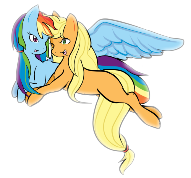 Size: 873x811 | Tagged: safe, artist:asikku, derpibooru import, applejack, rainbow dash, alternate hairstyle, appledash, blank flank, female, lesbian, loose hair, missing freckles, ponytail, shipping