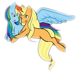 Size: 873x811 | Tagged: safe, artist:asikku, derpibooru import, applejack, rainbow dash, alternate hairstyle, appledash, blank flank, female, lesbian, loose hair, missing freckles, ponytail, shipping